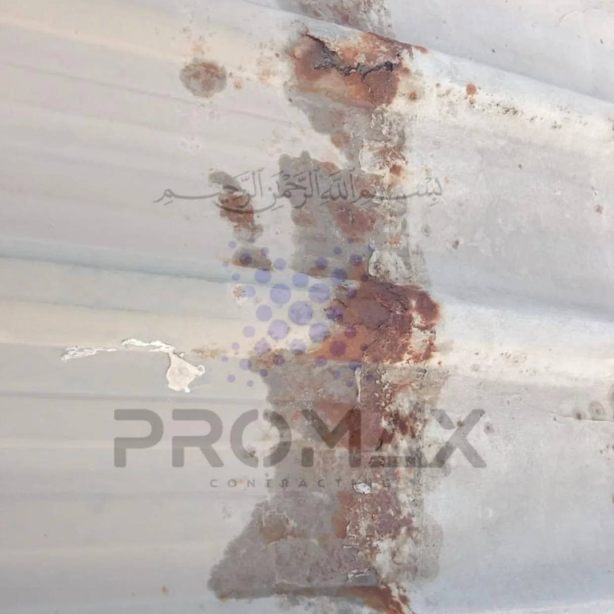 Rusted metal sheet treated with EPDM and Promax Bonding Adhesive